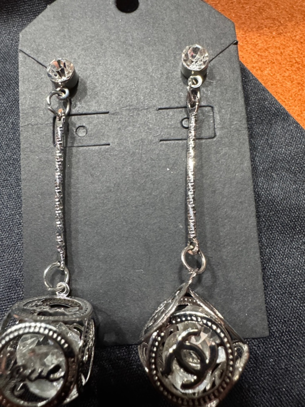 CC Silver Dangle Earrings with Clear Crystal Accents